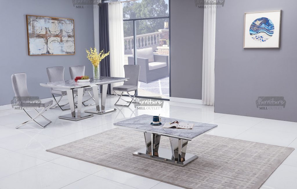 Riccardo White and Grey Marble Coffee Table with Stainless Steel Legs