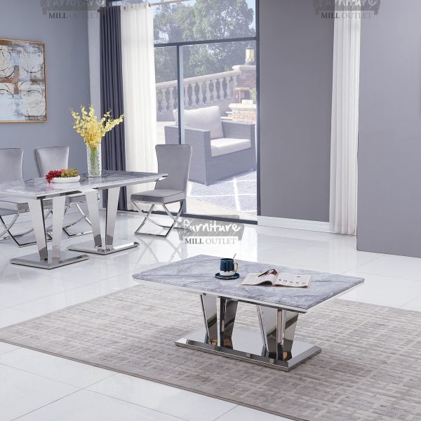 Riccardo White and Grey Marble Coffee Table with Stainless Steel Legs